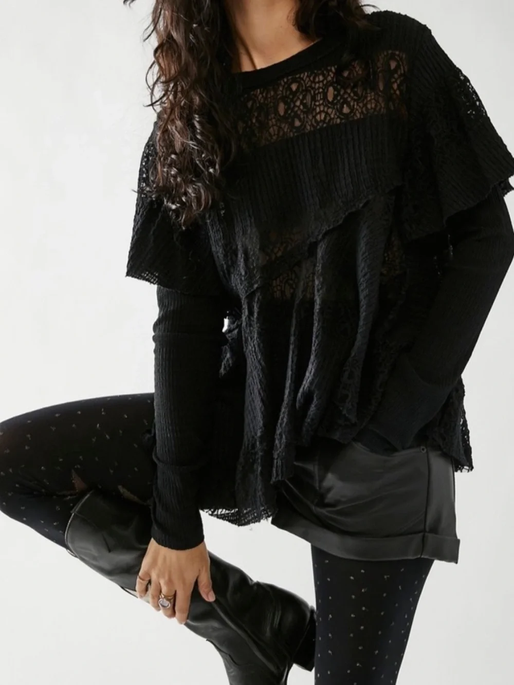 Free People Snowfall Boho Black Lace Asymmetric Whimsigoth Tunic Top Ruffle L
